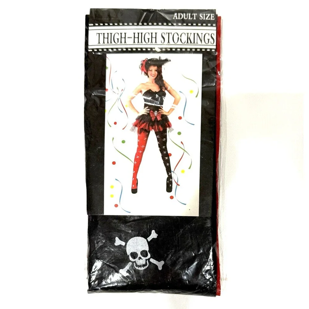 Red Black Skull Crossbones Thigh High Stockings Harlequin Goth Punk Costume